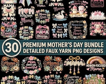 30 Mother's Day PNG Bundle: Faux Yarn Coquette Bow Designs (Digital Download)