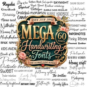 Puede incluir: Gráfico digital con 60 fuentes de escritura a mano. El elemento central es un emblema verde azulado y dorado con las palabras "MEGA Handwriting Fonts" y "The Ultimate Font Bundle."