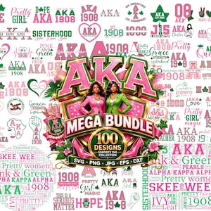 Może przedstawiać: Cyfrowy pakiet projektów z literami "AKA" w kolorze różowym i zielonym, słowami "Mega Bundle" i "100 Designs". Obraz zawiera ilustracje i elementy tekstowe związane z życiem w bractwie.