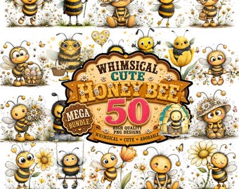 Whimsical Bee Clipart Bundle | 50 Bumble Bee & Floral PNGs | Cute Bee Flower Graphics | Watercolor Bee Clipart | Sublimation PNG