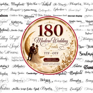 May include: A digital collection of 180 Modern Wedding Fonts in TTF and OTF formats. The central circular graphic features a gold crescent moon with a couple, surrounded by floral accents and the text 180 Modern Wedding Fonts.