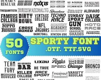 Sports Font Bundle: Varsity, Baseball, College, Football, and Jersey fonts included. SVG, TTF, OTF formats. Cricut/Silhouette compatible.
