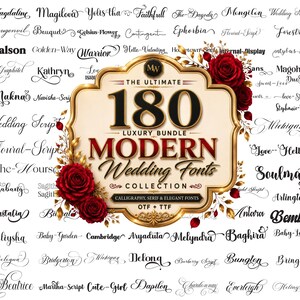 May include: A collection of 180 modern wedding fonts, including calligraphy, serif, and elegant styles. The central design features a gold-framed emblem with the text "180 Luxury Bundle Modern Wedding Fonts Collection". Red roses and gold accents surround the text.