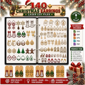 May include: A digital catalog of 140+ Christmas earring laser cut files displayed in a binder. The collection features various holiday-themed shapes including snowflakes, trees, reindeer, Santa faces, and bows in red, green, and natural wood tones.