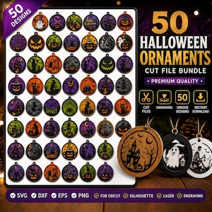 Op de afbeelding: Een digitale collectie van 50 Halloween ornament snijbestanden met cirkelvormige ontwerpen van pompoenen, geesten, heksen, katten en spookhuizen in oranje, paars, groen en zwart. Inclusief tekstlabels voor SVG, DXF, EPS en PNG-formaten.