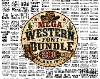 200+ Mega Western Font Bundle | Cowboy, Rodeo & Rustic Fonts | OTF TTF | Vintage Retro Cricut Font Collection