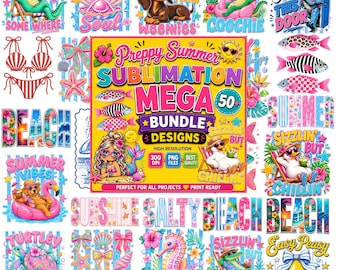 50 Preppy Summer PNG Bundle, Coastal Designs, Beach Vibes (Digital Download)