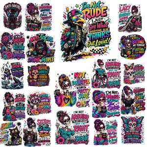 May include: A collection of colorful graphic designs featuring skeletons, animals, and floral motifs with humorous text slogans. Each illustration incorporates vibrant neon colors, detailed line work, and various characters including skulls, birds, and cats.