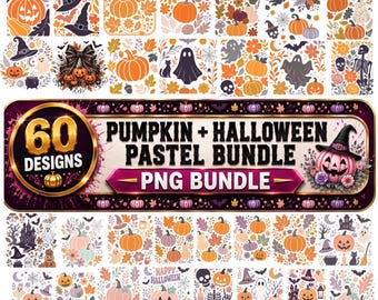 60 Boho Fall Pumpkin PNG Bundle | Pastel Halloween Pumpkin Clipart | Floral Autumn PNG | Cricut Sublimation Download