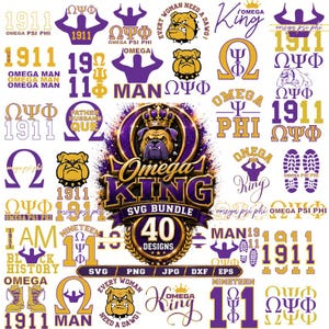 May include: A digital design bundle with 40 designs, featuring the text "Omega King" and "1911" in purple and gold. Includes bulldog graphics, Greek letters, and the words "SVG, PNG, JPG, DXF, EPS".