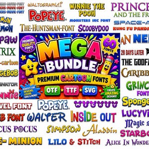 May include: A digital graphic display featuring a central Mega Bundle Premium Cartoon Fonts logo surrounded by various text styles including Transformers, Pokemon, Popeye, Winnie the Pooh, Princess and the Frog, Scooby Doo, Matrix, Spongebob, and Disney titles.