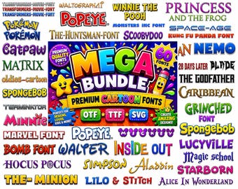 60 Cartoon Fonts Bundle, SVG Pack, Canva, Procreate, Comic, Script (Instant Download)