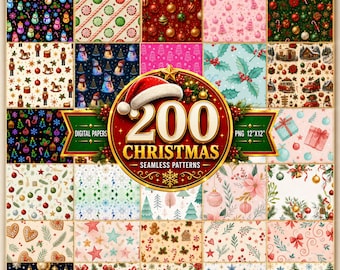 200 Christmas Digital Papers Bundle, Holiday Seamless Patterns (12"x12")