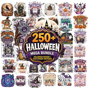 May include: A digital collection of over 250 Halloween-themed graphic designs featuring pumpkins, ghosts, witches, and haunted houses. The central emblem displays the text 250+ HALLOWEEN MEGA BUNDLE HALLOWEEN DESIGNS + CUTE SPOOKY PATTERNS in purple and gold.