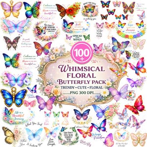 Può includere: Una collezione di 100 fantasiosi disegni di farfalle floreali in vari colori, tra cui rosa, blu, giallo e viola. I disegni presentano farfalle con accenti floreali e citazioni ispiratrici. Il testo "WHIMSICAL FLORAL BUTTERFLY PACK" è visualizzato.