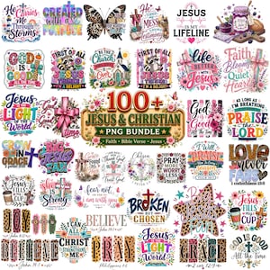 May include: A digital collection of over 100 Christian-themed graphic designs featuring religious text, crosses, floral patterns, leopard print accents, and illustrations of animals, churches, and coffee cups, all arranged in a grid layout.