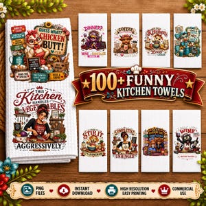Op de afbeelding: Een collectie witte keukendoeken met wafelstructuur voorzien van diverse kleurrijke grafische illustraties van dieren, mensen en humoristische teksten zoals Guess What Chicken Butt, This Kitchen Handles Vegetables Aggressively en 100+ Funny Kitchen Towels.