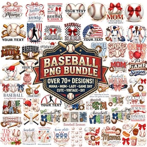 May include: A collection of baseball-themed PNG designs, including baseballs, bats, bows, and text overlays. The designs feature phrases like "Baseball Mama," "Game Day," and "Baseball Season." The bundle includes over 70 designs for various creative projects.