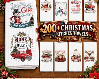200 plus Vintage Christmas Kitchen Towel PNG Bundle | Retro Farmhouse Holiday Designs (200 Files)