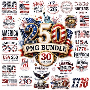 Puede incluir: Una colección de diseños patrióticos que celebran 250 años de libertad estadounidense. La imagen presenta varios elementos gráficos, incluyendo la Estatua de la Libertad, banderas, estrellas y los números "250" y "1776" en rojo, blanco y azul.