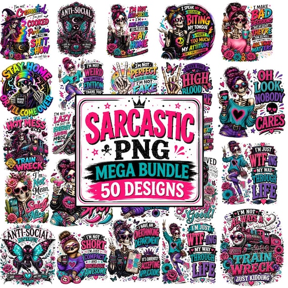 50 Sarcastic Skull PNG Bundle, Antisocial Skeleton Designs, Goth Humor Graphics (Digital Download)