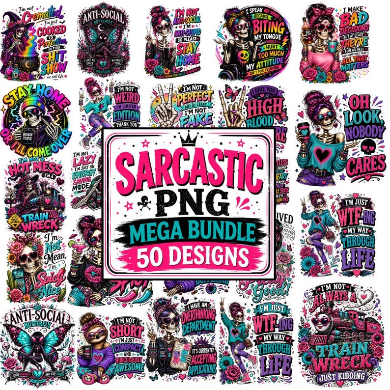 50 Sarcastic Skull PNG Bundle, Antisocial Skeleton Designs, Goth Humor Graphics (Digital Download) image 1