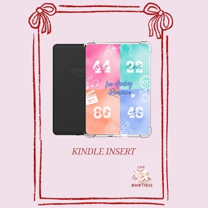 May include: A black Kindle device beside a clear case with a vibrant design. The case displays the text "Ice Hockey Romance" and various numbers and icons. The words "Kindle Insert" are at the bottom, within a decorative border.