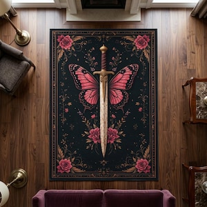 Alfombra gótica con espada de mariposa, alfombra oscura con diseño de daga floral, alfombra vintage con diseño de alas de rosa, alfombra decorativa estética.