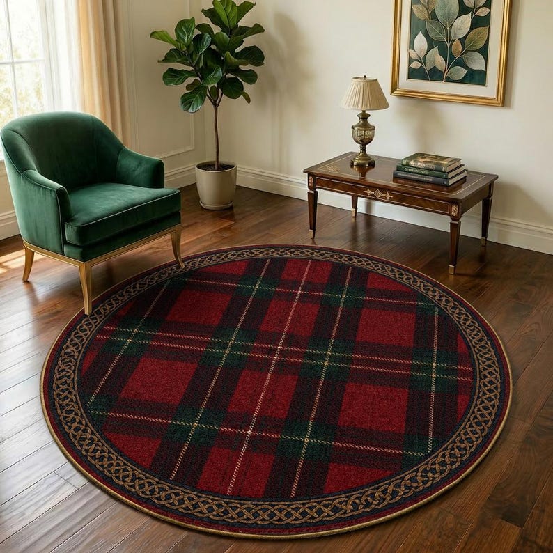 Rustic Round Area Rugs Round Tartan Plaid Rug, Red Black Checkered Area Rug, Celtic Border ...