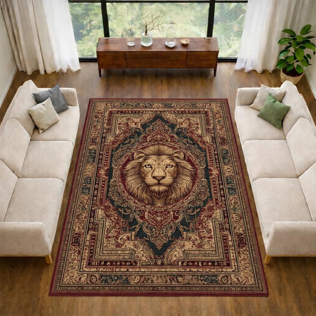 Lion Area Rug Vintage Baroque Design, Royal Burgundy Navy Carpet ...