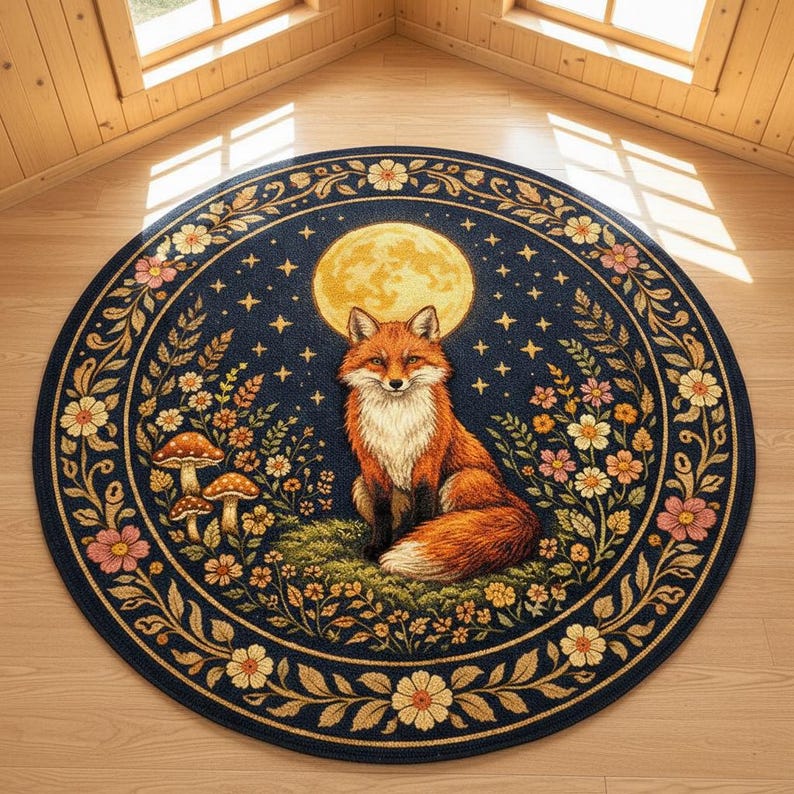 Fox Moon Round Rug, Cottagecore Forest Animal Carpet, Boho Nature Decor ...
