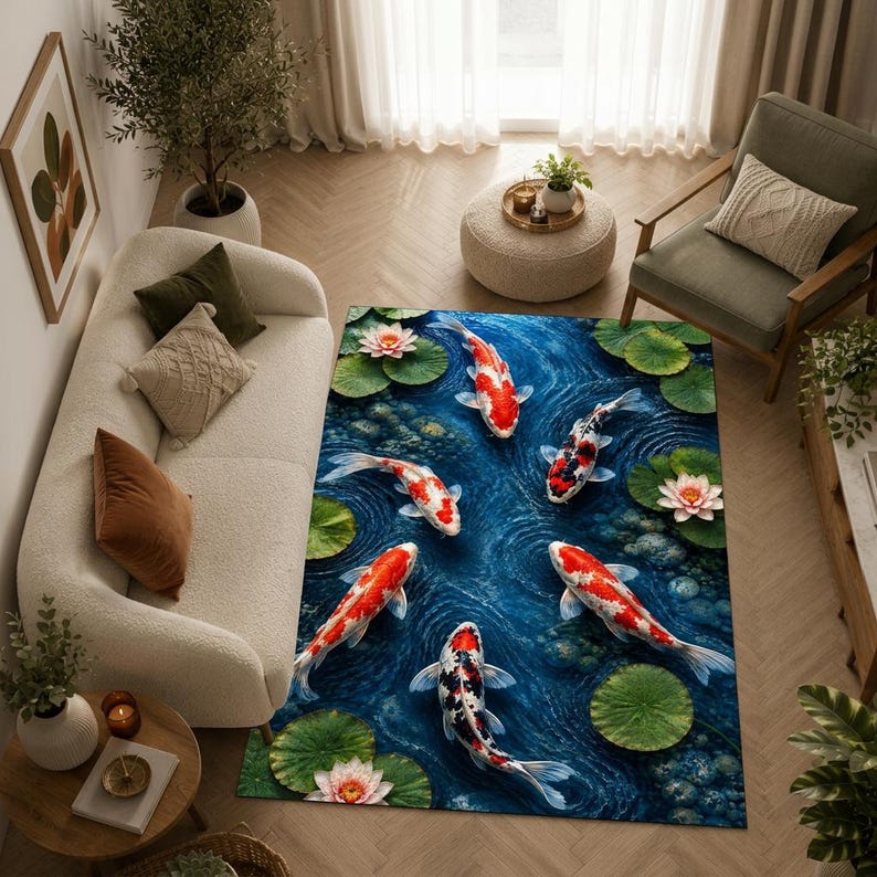 Japanese Looking Rug Koi Fish Area Rug, Japanese Pond Carpet, Water Lily Botanical Rug, Zen ...