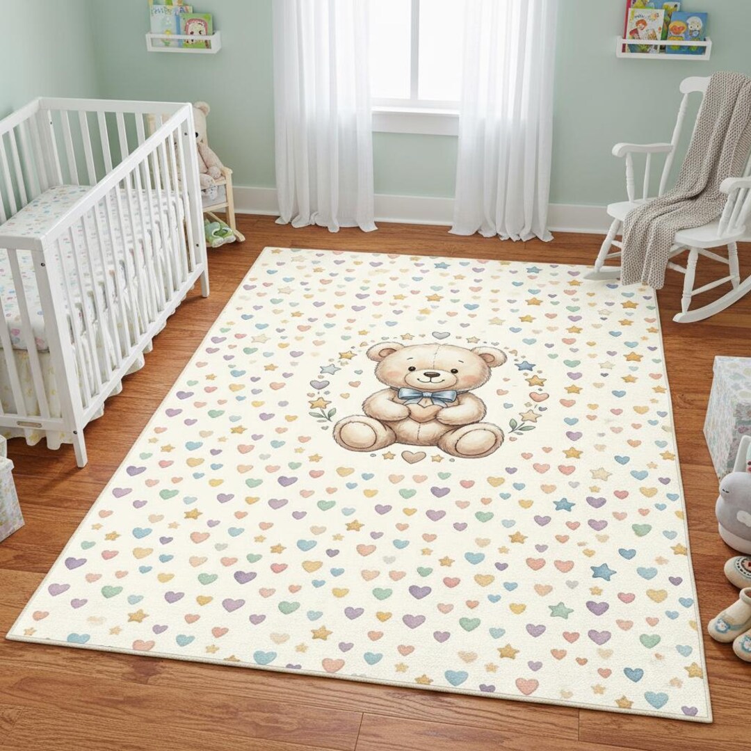Teddy Bear Nursery Rug, Pastel Hearts Stars, Kids Room Decor ...