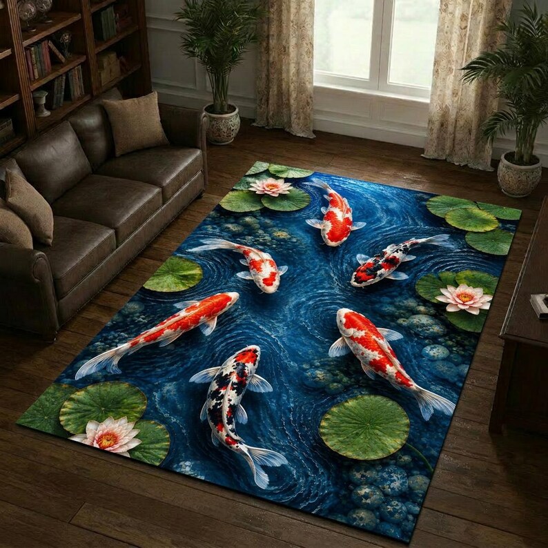 Japanese Looking Rug Koi Fish Area Rug, Japanese Pond Carpet, Water Lily Botanical Rug, Zen ...