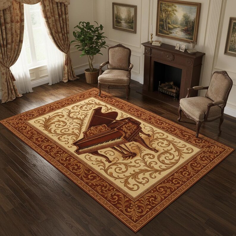 Vintage Grand Piano Rug, Baroque Pattern Area Carpet, Elegant Music ...