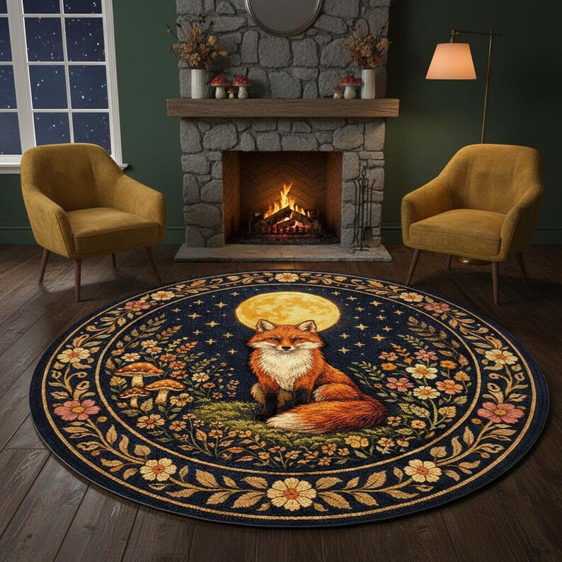 Fox Moon Round Rug, Cottagecore Forest Animal Carpet, Boho Nature Decor ...