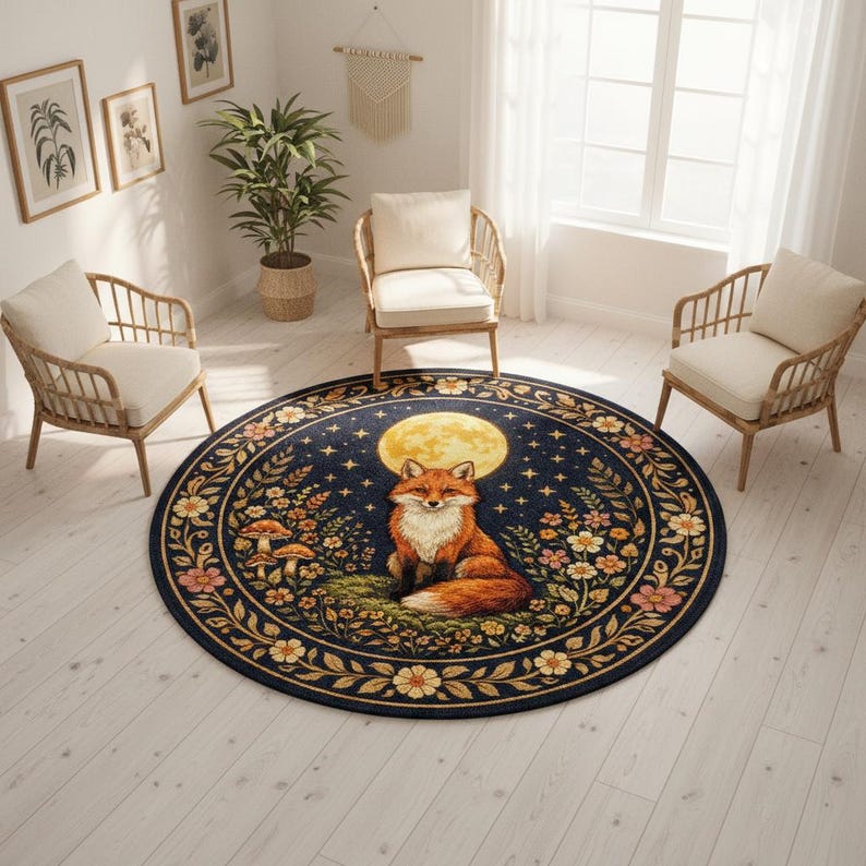 Fox Moon Round Rug, Cottagecore Forest Animal Carpet, Boho Nature Decor ...