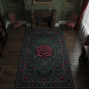 Könnte beinhalten: Ein großer, rechteckiger Teppich mit einem zentralen roten Rosenmotiv. Der Teppich hat einen dunkelgrünen Hintergrund mit einem sich wiederholenden Blumenmuster und einem schwarzen Rand. Der Teppich liegt auf einem Holzboden in einem Raum mit antiken Möbeln.