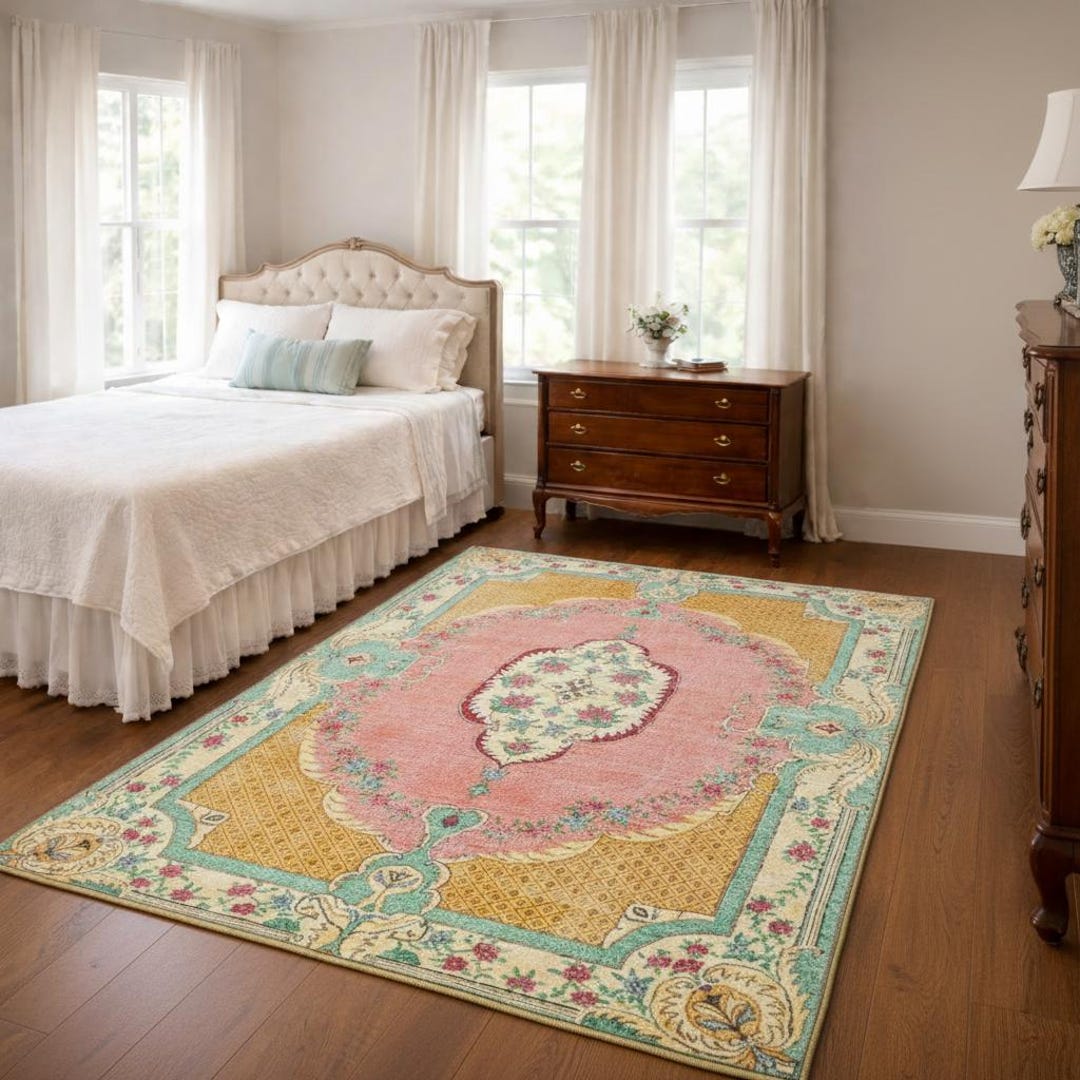 Vintage Floral Area Rug, French Shabby Chic Pastel Pink Carpet - Etsy UK
