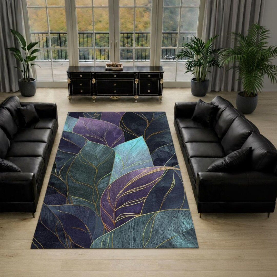 Abstract Leaf Pattern Area Rug Abstract Leaf Area Rug With Gold Line Detail, Modern Navy Teal Living ...