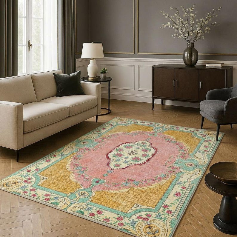 Vintage Floral Area Rug, French Shabby Chic Pastel Pink Carpet - Etsy UK