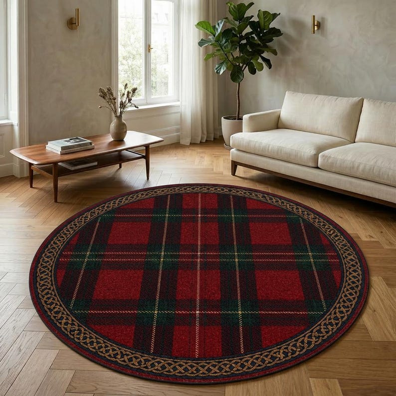 Rustic Round Area Rugs Round Tartan Plaid Rug, Red Black Checkered Area Rug, Celtic Border ...