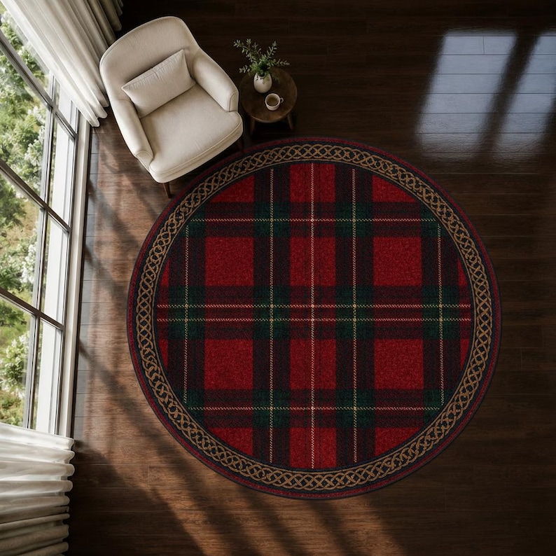 Rustic Round Area Rugs Round Tartan Plaid Rug, Red Black Checkered Area Rug, Celtic Border ...