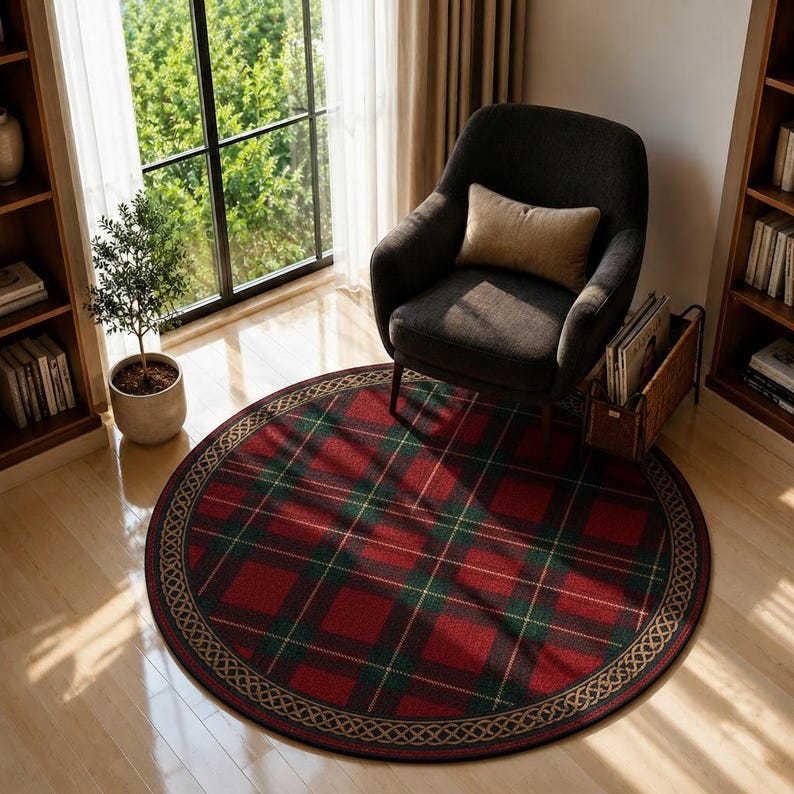 Rustic Round Area Rugs Round Tartan Plaid Rug, Red Black Checkered Area Rug, Celtic Border ...