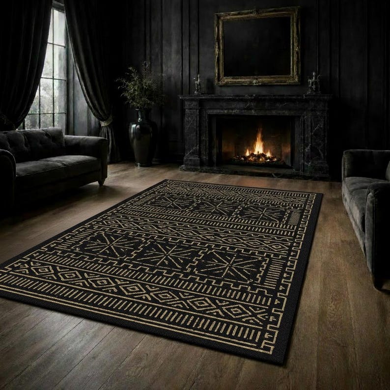 Tribal Geometric Rug, Black Gold Area Rug, Southwestern Pattern Carpet ...