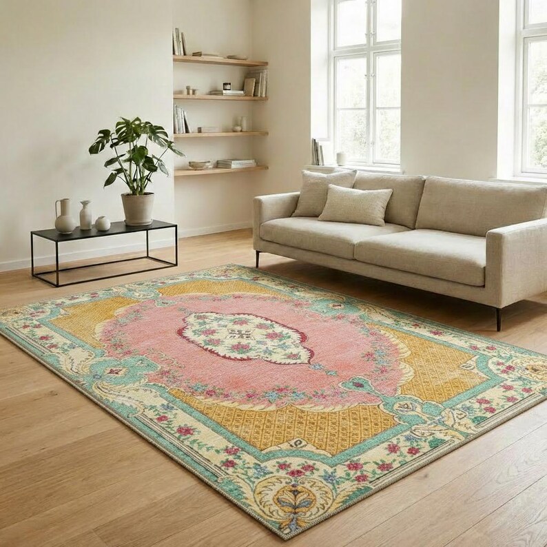 Vintage Floral Area Rug, French Shabby Chic Pastel Pink Carpet - Etsy UK