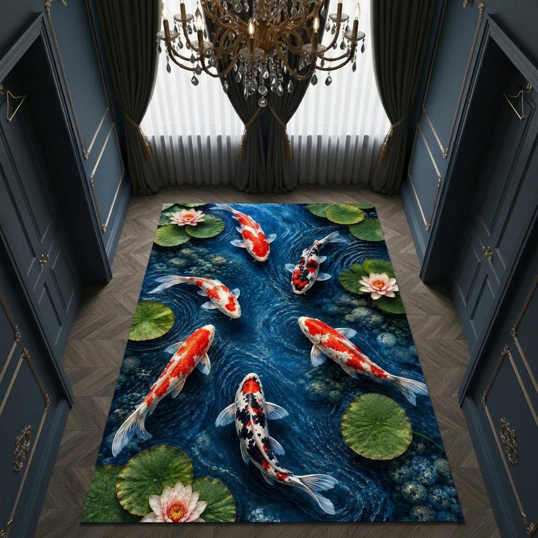 Lily Rug Koi Fish Area Rug, Japanese Pond Carpet, Water Lily Botanical Rug, Zen ...