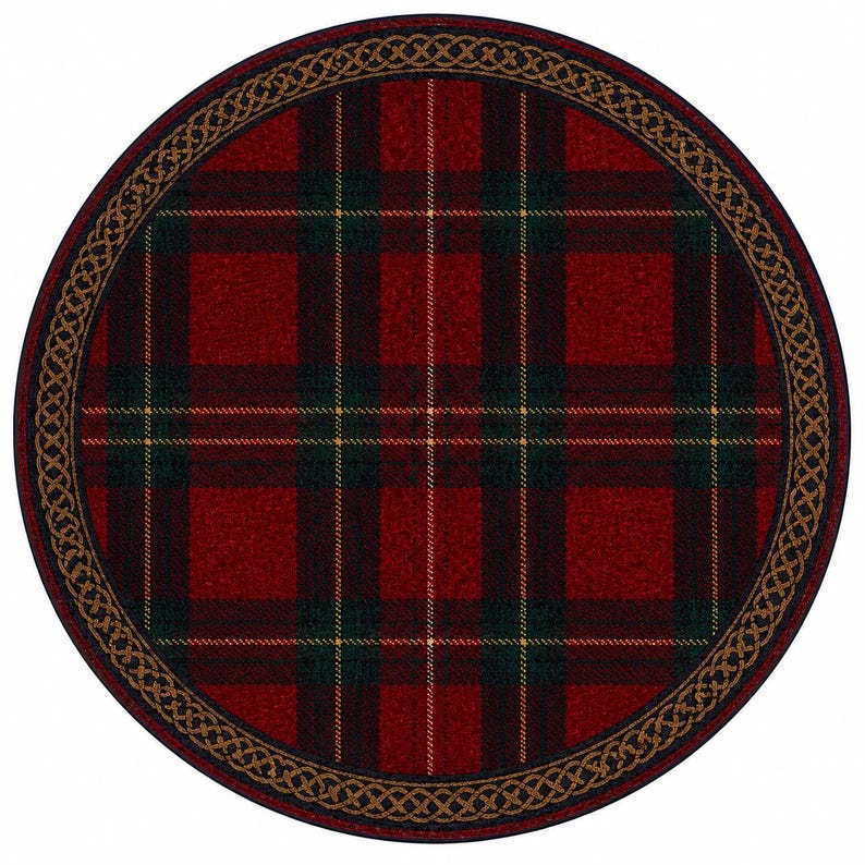 Rustic Round Area Rugs Round Tartan Plaid Rug, Red Black Checkered Area Rug, Celtic Border ...