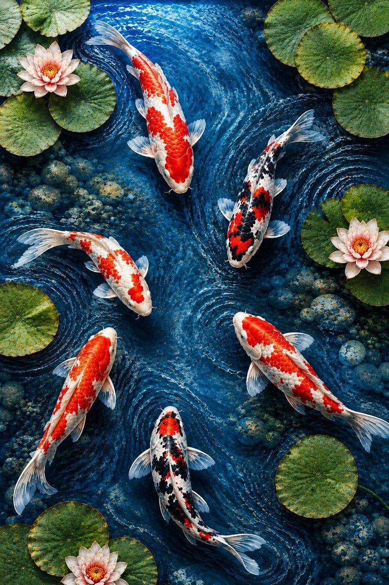 Japanese Looking Rug Koi Fish Area Rug, Japanese Pond Carpet, Water Lily Botanical Rug, Zen ...