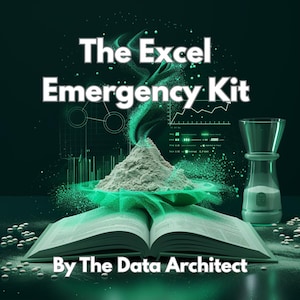 May include: An open book with the title "The Excel Emergency Kit" and the tagline "By The Data Architect." A pile of powder sits above the book, with a green, glowing effect. An hourglass is on the right.